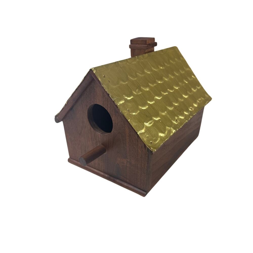 Vintage Handmade Birdhouse Wood Gold Tin Roof Folk Art Decor